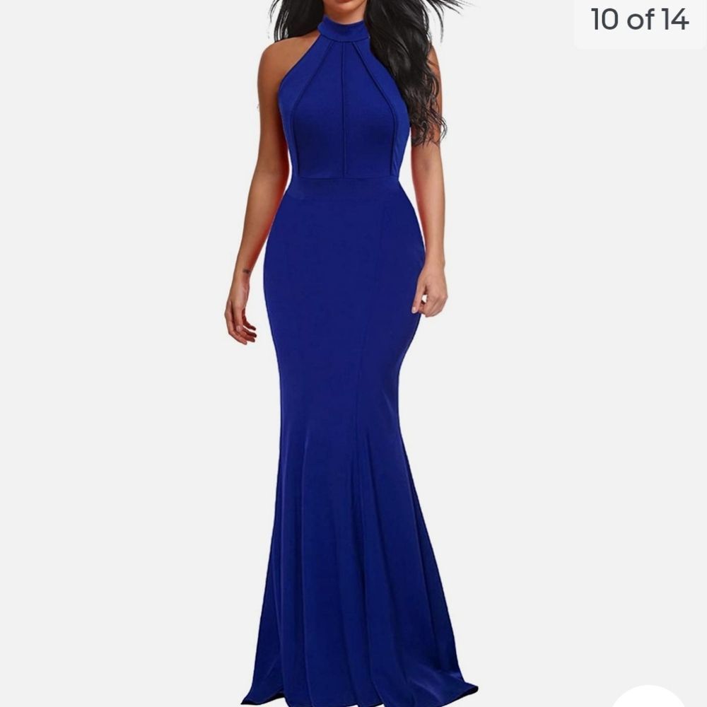 Berydress Royal Blue Sleeves Halter Neck A-Line Long Mermaid Prom Party Dress L